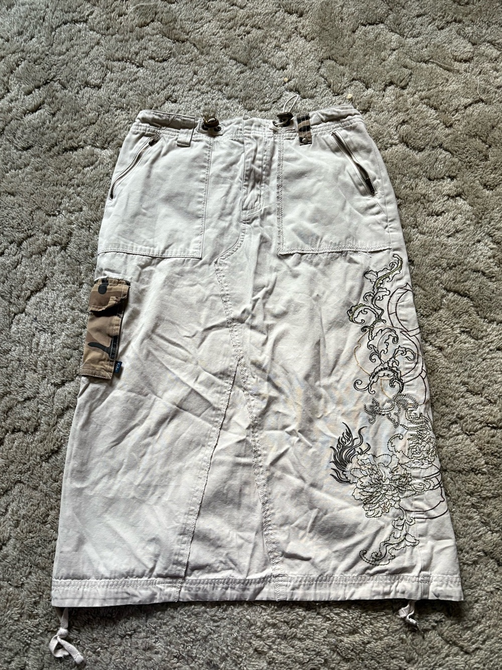 Vintage Beige Embroidered Cargo Midi Skirt y2k